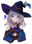  1girl artist_name bags_under_eyes barbeloth_(genshin_impact) black_bridal_gauntlets black_choker black_hat blue_dress blue_eyeshadow blue_sleeves blunt_bangs blunt_ends bridal_gauntlets character_doll choker closed_mouth clothing_cutout collared_dress contrast_collar cropped_torso dimple doll dress earrings eyeshadow genshin_impact gold_earrings gold_trim grey_hair hand_on_own_face hat heart highres holding holding_doll jewelry long_sleeves looking_at_viewer makeup medium_hair middle_ring mizah_(mizah) mona_(genshin_impact) mystical_high_collar purple_hat purple_nails raised_eyebrows shoulder_cutout smile solo star_(symbol) star_print straight-on tsurime two-sided_fabric two-sided_headwear white_background witch_hat 