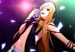  bad_id bad_pixiv_id blonde_hair blue_eyes highres kemeko_(s065026) lens_flare lily_(vocaloid) long_hair microphone midriff music navel open_mouth singing skirt smile solo vintage_microphone vocaloid 