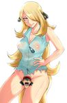  1girl :p blonde_hair blue_eyes bottomless breasts censored cleavage hair_ornament hair_over_one_eye highres large_breasts long_hair nipples novelty_censor pokemon pokemon_(anime) satoshi_(pokemon) see-through shirona_(pokemon) smile tongue tongue_out torn_clothes turizao very_long_hair 