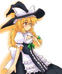  blonde_hair blush bow braid curiosities_of_lotus_asia frills hair_bow harukatron hat hat_bow kirisame_marisa long_hair short_sleeves side_braid simple_background single_braid solo touhou white_bow witch witch_hat yellow_eyes 