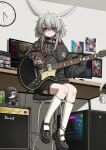  1girl :3 absurdres amplifier animal_ear_fluff animal_ears bags_under_eyes bandaid bandaid_on_face bandaid_on_nose black_hoodie black_nails black_shoes bocchi_the_rock! bow can carrot_hair_ornament clock closed_mouth commentary computer computer_tower drawstring drink_can electric_guitar flower_ornament food-themed_hair_ornament foot_out_of_frame gibson_les_paul girls_band_cry google gradient_hair graphics_card grey_hair guitar hair_bow hair_ornament headphones highres holding holding_guitar holding_instrument holding_plectrum hood hood_down hoodie indie_virtual_youtuber instrument kneehighs livestream lobsteranian long_hair long_sleeves looking_at_viewer marshall_amplification milo_(drink) multicolored_hair music obs_studio playing_instrument plectrum poster_(object) puffy_long_sleeves puffy_sleeves purple_hair rabbit_ears rabbit_girl red_bow red_eyes revision ribbon-trimmed_socks ribbon_trim sadpocky shoes sitting sleeves_past_wrists socks solo studded_choker stuffed_toy thigh_strap wall_clock white_socks 