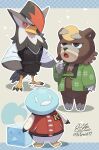  3others absurdres animal_crossing animal_crossing_(style) black_eyes black_vest bright_pupils commentary_request eiscue eiscue_(noice) full_body furry green_haori haori highres jacket japanese_clothes letterman_jacket multiple_others no_humans open_mouth personification pokemon pokemon_(creature) red_eyes red_jacket shirt standing staraptor tatsumi_(panneko) ursaluna vest waistcoat white_eyes white_shirt 