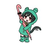 1girl animal_hood blush_stickers boots closed_umbrella commentary_request deformed fang frog_hood full_body green_boots green_hair green_raincoat holding holding_umbrella hood hood_up love_live! love_live!_nijigasaki_high_school_idol_club medium_hair mifune_shioriko neck_ribbon nijigasaki_school_uniform open_mouth pink_umbrella raincoat ribbon rubber_boots school_uniform shinanoya_(satanicad) simple_background skin_fang solo standing umbrella white_background yellow_ribbon 