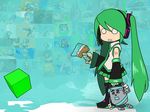  bare_shoulders black_legwear character_request chibi detached_sleeves green_hair hair_ornament hatsune_miku headset long_hair looking_at_viewer mogumogu_fuyoudo necktie o_o open_mouth paint_can paintbrush skirt solo tattoo tesseract thighhighs trim_brush twintails very_long_hair vocaloid 