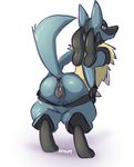  canine clothing jackal looking_back lucario maim pants pok&eacute;mon pussy simple_background solo ♀ 