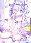  1girl absurdres animal_ear_fluff animal_ears arm_strap artist_name azumi_kazuki babydoll blush breasts cat_ears cat_girl cat_tail choker dengeki_moeoh frilled_babydoll frilled_choker frilled_thigh_strap frills full_body hair_between_eyes hair_ornament hair_ribbon hairpin head_tilt heart highres indoors looking_at_viewer loose_socks magazine_scan mask mask_on_head medium_hair multiple_hairpins navel no_bra one_eye_closed original panties parted_lips pillow purple_eyes purple_hair purple_ribbon purple_socks ribbon rubbing_eyes scan sidelocks sitting sleep_mask sleepy small_breasts socks solo star_(symbol) stuffed_animal stuffed_cat stuffed_toy tail thigh_strap third-party_source translation_request twintails underwear wariza white_babydoll white_choker white_panties wrist_straps 