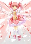  absurdres bow bow_(weapon) bubble_skirt choker dress gloves hair_bow hairband highres kaname_madoka looking_at_viewer magical_girl mahou_shoujo_madoka_magica mushiboy open_mouth outstretched_hand pink_eyes pink_hair puffy_sleeves ribbon short_twintails skirt solo soul_gem twintails weapon white_gloves white_legwear 