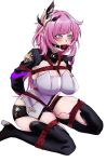  1girl ball_gag bdsm black_boots black_shorts black_shrug blue_eyes bondage boots bound breasts commentary corset elf elysia_(honkai_impact) elysia_(miss_pink_elf)_(honkai_impact) english_commentary gag gagged hair_ornament highres honkai_(series) honkai_impact_3rd large_breasts long_hair pink_hair pointy_ears sex_toy shibari shibari_over_clothes short_shorts shorts shrug_(clothing) simple_background solo stoneheartoxo thighs very_long_hair vibrator vibrator_under_clothes white_background white_corset 