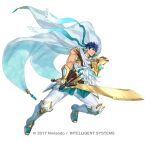  1boy armor blue_eyes blue_hair blue_headband blue_tunic cape closed_mouth commentary_request feathers fighting_stance fingerless_gloves fire_emblem fire_emblem:_radiant_dawn fire_emblem_heroes gloves headband holding holding_sword holding_weapon ike_(fire_emblem) ike_(vanguard_legend)_(resplendent)_(fire_emblem) kuroba.k male_focus muscular muscular_male official_alternate_costume pants popped_collar ragnell scarf short_hair simple_background solo sword tunic weapon white_cape white_gloves white_pants white_scarf 