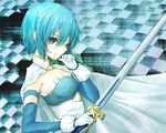  bad_id bad_pixiv_id blood bloody_tears blue_eyes blue_hair cape elbow_gloves gloves magical_girl mahou_shoujo_madoka_magica miki_sayaka rateratte short_hair solo sword weapon 