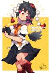  1girl bird_wings black_hair black_skirt black_wings boots camera carte collared_shirt colored_inner_hair commentary_request eyeshadow frilled_shirt frills hat highres holding holding_camera lace-up_boots looking_to_the_side makeup multicolored_hair neck_ribbon outside_border pink_eyeshadow pointy_ears pom_pom_(clothes) red_boots red_eyes red_hat red_ribbon ribbon shameimaru_aya shirt short_hair signature skirt solo star_(symbol) sweatdrop tassel tokin_hat touhou white_shirt wings yellow_background 