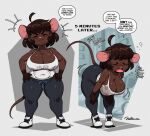 2026 ahoge anthro big_breasts bottomwear breasts brown_body brown_hair cleavage clothed clothed_anthro clothed_female clothing dialogue emanata english_text eyes_closed female female_anthro footwear fully_clothed fully_clothed_anthro fully_clothed_female gloves_(marking) gwen_geek gwen_martin hair hands_on_hips hi_res joaoppereiraus mammal markings mouse murid murine open_mouth pants pink_inner_ear pink_nose profanity rodent shirt shoes short_hair solo speech_bubble tail tank_top text thick_thighs topwear white_clothing white_footwear white_shirt white_shoes white_tank_top white_topwear