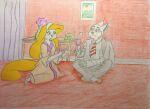 animaniacs anthro bedroom_eyes clothed clothing colored_pencil duo female furniture hi_res lisfilm male mammal minerva_mink movie_parody mustelid musteline narrowed_eyes seductive sitting traditional_media_(artwork) true_musteline warner_brothers weasel