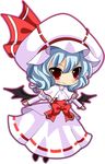  ascot bat_wings blue_hair blush bow bracelet capelet chibi curiosities_of_lotus_asia detached_wings dress hat hat_ribbon jewelry kayama_benio long_skirt long_sleeves red_eyes remilia_scarlet ribbon short_hair simple_background skirt smile solo touhou white_dress wings 