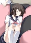  blush brown_hair mister_(black_and_white) onjouji_toki out_of_frame saki saki_achiga-hen school_uniform senriyama_school_uniform serafuku short_hair short_sleeves sitting skirt sleeping sleeping_upright solo_focus 