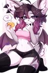 2025 5_fingers absurd_res anthro bat belly bodily_fluids bottomwear canid canine cheese choker clothed clothed_anthro clothed_female clothing crop_top cute_fangs dairy_products ear_piercing eating fangs female fingers fluffy fluffy_tail food food_on_breasts food_on_face fully_clothed fully_clothed_anthro fully_clothed_female fur furgonomic_piercing furgonomics hair heart_symbol hi_res holding_food holding_object hotpants hybrid inner_ear_fluff jewelry kneeling legwear long_hair mammal navel necklace piercing pink_tongue purple_body purple_eyes purple_fur purple_hair shirt short_tail shorts simple_background siwiko siwiko_(siwiko) solo sweat sweaty_belly sweaty_legs sweaty_thighs tail teeth thick_thighs thigh_highs tongue tongue_out topwear tuft white_inner_ear_fluff wide_hipped_anthro wide_hipped_female wide_hips wing_piercing wings