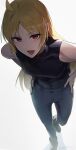  1girl absurdres ahoge bare_arms bare_shoulders black_shirt black_shoes blonde_hair blue_pants bocchi_the_rock! breasts commentary_request full_body hands_on_own_hips highres ijichi_seika large_breasts long_hair looking_at_viewer open_mouth pants parted_bangs red_eyes seisyuntarotto shirt shoes simple_background sleeveless sleeveless_shirt solo standing white_background 