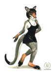  black black_clothing black_fur black_hair dress female fur hair inviting kacey kangaroo mammal marsupial plain_background smile solo wallaby 