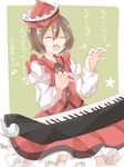  bad_id bad_pixiv_id brown_hair buttons closed_eyes frilled_skirt frills green_background hat instrument keyboard_(instrument) kuromari_(runia) lyrica_prismriver musical_note red_hat red_shirt red_skirt shirt short_hair skirt solo star touhou translation_request 