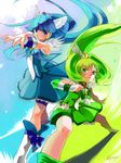  aoki_reika bike_shorts blue blue_background blue_eyes blue_hair blue_skirt boots choker cure_beauty cure_march green green_background green_choker green_eyes green_hair green_shorts green_skirt hair_tubes head_wings highres knee_boots long_hair magical_girl midorikawa_nao multiple_girls negitoro_toshijirou outstretched_arms outstretched_hand ponytail precure shorts shorts_under_skirt skirt smile smile_precure! squatting tiara tri_tails two-tone_background wrist_cuffs 