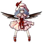  ascot bat_wings blue_hair bracelet capelet curiosities_of_lotus_asia dress hat hat_ribbon jewelry long_hair long_sleeves looking_at_viewer miata_(miata8674) pink_dress red_eyes remilia_scarlet ribbon simple_background smile solo touhou wings 