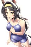  1girl ahoge animal_ears black_hair blue_one-piece_swimsuit breasts cleavage commentary_request ear_covers feet_out_of_frame green_eyes green_hairband hair_intakes hairband highres horse_ears horse_girl horse_tail large_breasts logotype_(umamusume) long_hair looking_at_viewer one-piece_swimsuit open_mouth pataneet simple_background solo standing swimsuit tail thighs tracen_swimsuit umamusume white_background 