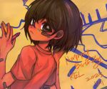  1boy alternate_costume alternate_eye_color bandaid bandaid_on_arm bandaid_on_cheek bandaid_on_face brown_eyes brown_hair character_name chinese_commentary closed_mouth commentary_request crayon dark-skinned_male dark_skin dated hair_between_eyes happy_birthday highres holding holding_crayon kel_(faraway)_(omori) kel_(omori) linglanjunying omori orange_shirt shirt short_hair short_sleeves solo t-shirt upper_body 