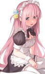  1girl absurdres apron black_dress bocchi_the_rock! breasts choppy_bangs cleavage commentary_request cube_hair_ornament dress frilled_apron frilled_dress frills gotoh_hitori hair_ornament highres koki_1009 large_breasts long_hair looking_at_viewer looking_to_the_side maid maid_apron maid_headdress pink_hair raised_inner_eyebrows short_sleeves simple_background sitting solo straight_hair turning_head very_long_hair white_apron white_background yokozuwari 