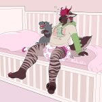1:1 2020 4_toes 5_fingers absurd_res anthro bed bedding blanket breasts bri_(kalash) brown_body brown_ears brown_fur brown_nose brown_pawpads brown_sclera brown_stripes brown_tail bubble canid canid_demon canine claws clean_diaper clothed clothing crib demon diaper ears_down fangs feet finger_claws fingers full-length_portrait fur furniture godzilla godzilla_(series) groggy hair head_horn hellhound hi_res holding_object holding_plushie hoodie horn hyena japanese_text leg_markings male mammal markings mythological_canine mythological_creature mythology narrowed_eyes on_bed one_eye_closed pawpads pillow pink_blanket pink_claws pink_hair pink_pillow pivoted_ears plushie portrait purple_pacifier red_horn sitting socks_(marking) solo striped_body striped_fur stripes tail tan_inner_ear teeth text three-quarter_view toe_claws toes toho topwear translation_request twitter_handle waking_up wearing_diaper wolfen2