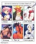  1girl 5boys allen_walker bara character_name commentary d.gray-man delga_(monster) dragon_boy english_commentary english_text final_fantasy final_fantasy_vii followers_favorite_challenge furry furry_male granblue_fantasy grey_hair highres kaname_madoka kaname_madoka_(magical_girl) king_kazma kuron_(metokuron) mahou_shoujo_madoka_magica masked monster_(fighting_game) multiple_boys multiple_drawing_challenge pink_hair rabbit_boy red_fur red_xiii summer_wars vaseraga white_fur 