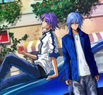  2boys belt blue_eyes blue_hair car casual chains food fruit jacket jewelry long_hair motor_vehicle multiple_boys necklace pants peach purple_hair ring saleh short_hair tales_of_(series) tales_of_rebirth vehicle veigue_lungberg 