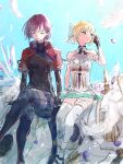  2girls blonde_hair braid closed_eyes commentary_request gloves green_eyes heaven_burns_red highres kulfiq multiple_girls nanase_nanami_(heaven_burns_red) purple_hair short_hair sitting tezuka_saki 