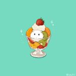  animal commentary cream cup drinking_glass food fruit green_background hamster in_container in_cup kiwi_(fruit) kiwi_slice looking_at_viewer mango mango_slice no_humans orange_(fruit) orange_slice original simple_background sparkle strawberry strawberry_slice untranslatable_commentary upiupisyo 