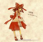  ascot bow brown_eyes brown_hair convention_greeting curiosities_of_lotus_asia detached_sleeves hair_bow hair_tubes hakurei_reimu japanese_clothes long_hair pinzu smile solo touhou translated wide_sleeves 