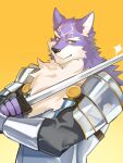 1boy absurdres animal_ears armor bayfleet_grayoar_(knights_college) closed_mouth furry furry_male hashtag-only_commentary highres holding holding_sword holding_weapon knights_college looking_at_viewer male_focus smile sparkle sword unsheathed upper_body weapon wolf_boy wolf_ears xueguaii yellow_background 