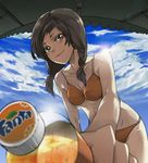  bikini blue_sky blurry braid brown_eyes brown_hair cloud day depth_of_field fanta foreshortening from_below hair_over_shoulder laio original sky soft_drink solo swimsuit twin_braids 