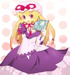  bad_id bad_pixiv_id blonde_hair blush bow collarbone curiosities_of_lotus_asia detached_sleeves dress fan folding_fan frills hat hat_bow hat_ribbon jru_(xx201) long_hair open_mouth purple_dress purple_eyes ribbon solo touhou yakumo_yukari 