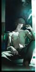  1boy black_hair black_pants cigarette commentary elbow_on_knee eyepatch hair_between_eyes hair_over_one_eye hand_on_own_leg highres holding holding_cigarette looking_up male_focus nipples pants parted_lips scar scar_on_arm scar_on_cheek scar_on_face scar_on_hand self-harm_scar short_hair sitting slow_damage smoke smoke_trail smoking solo thijkoij topless_male towa_(slow_damage) 