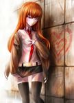  alternate_legwear blush brown_hair graffiti heart highres legs long_hair makise_kurisu md5_mismatch miniskirt necktie red_neckwear skirt solo steins;gate tabix0819 text_focus thighhighs wall 