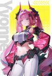  1girl :q absurdres arknights arknights:_endfield black_gloves black_horns breasts character_name contrapposto detached_sleeves dragon_girl dragon_horn dragon_horns dragon_tail gloves grey_eyes hair_intakes hair_on_horn hand_on_own_hip hashtag-only_commentary highres horns large_breasts long_hair looking_at_viewer midriff multicolored_horns navel pants pink_hair pink_horns pink_sleeves pointy_ears rimga1616 see-through_clothes see-through_sleeves solo stomach tail tongue tongue_out two-tone_horns white_pants yvonne_(arknights) 