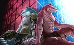  anthro aotsuki091 armor biceps big_muscles blue_eyes canine claws clothing couple duo fur grey_fur hand_holding loincloth male mammal muscles pecs red_eyes red_fur romantic sad scar sky_(artist) white_fur wolf 