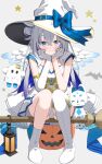  1girl aelu_(mahou_shoujo_holowitch!) amane_kanata angel_wings asymmetrical_footwear asymmetrical_gloves bat_(animal) belt_buckle blanket blue_bow blue_eyes blue_gem blue_hair blue_streaks blush boots bow broom broom_riding buckle clenched_hands colored_inner_hair commentary crossed_bangs crotch_seam dress elbow_gloves elbow_rest elbows_on_knees facial_mark familiar feathered_wings flat_chest full_body gem ghost_costume gloves gradient_clothes gradient_wings grey_background hair_bun half_gloves halloween hat hat_belt hat_bow head_rest highres hololive jack-o'-lantern knees_together_feet_apart lantern large_bow long_hair looking_at_viewer magical_girl mahou_shoujo_holowitch! markings_on_cheeks mascot multicolored_hair multicolored_wings panties pantyshot pleated_dress short_dress side_up_bun sidesaddle silhouette simple_background single_side_bun single_thigh_boot sitting sparkle_facial_mark star_(symbol) star_facial_mark star_symbol_background straight-on streaked_hair thigh_boots two-tone_hair underwear uneven_footwear uneven_gloves upao_(amane_kanata) virtual_youtuber white_boots white_dress white_gloves white_hair white_hat white_panties white_wings wings witch witch_hat yellow_trim yoru_no_yayoi 