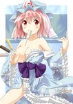  bad_id bad_pixiv_id bare_shoulders between_fingers breast_slip breasts collarbone food food_in_mouth hat index_finger_raised japanese_clothes large_breasts off_shoulder one_breast_out pink_hair popsicle red_eyes saigyouji_yuyuko shiny shiny_skin short_hair sicile_gloria solo touhou triangular_headpiece 