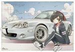  1girl arm_support black_hair black_jacket black_leggings blue_sky border bright_pupils car closed_mouth cloud commentary_request commission convertible day green_eyes grey_car jacket leggings license_plate light_smile long_sleeves looking_at_viewer mazda mazda_mx-5 motor_vehicle open_clothes open_jacket original outdoors outside_border sekihan shirt shoes short_hair signature simple_bird sitting skeb_commission sky sneakers solo vehicle_focus white_border white_pupils white_shirt white_shoes 
