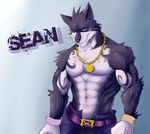  absurd_res belt canine clothing dark&#38851;&#21487; dark_tatsuka glove gloves hi_res looking_at_viewer male mammal muscles necklace purple purple_clothing purple_eyes sean solo wolf 