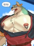  1boy abs absurdres alder_(cuisineer) animal_ears apron bara blue_sky cloud cuisineer english_commentary english_text fangs furry furry_male headband highres male_focus muscular muscular_male nipple_piercing nipple_rings nipples open_clothes open_mouth open_shirt pandarita pectorals piercing red_apron ring_piercing sky speech_bubble upper_body wolf_boy wolf_ears yellow_headband 