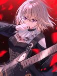  1girl 7-string_guitar bang_dream! bang_dream!_it's_mygo!!!!! black_dress blonde_hair clothing_cutout commentary_request corset doloris_(bang_dream!) dress electric_guitar extended_range_guitar grey_corset guitar hair_between_eyes hand_up highres holding holding_plectrum instrument long_sleeves looking_at_viewer medium_hair misumi_uika plectrum purple_eyes schecter_guitar shoulder_cutout solo wasabi_(dione) 