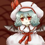  ascot bat_wings blue_hair blush capelet curiosities_of_lotus_asia hat hat_ribbon red_eyes remilia_scarlet ribbon shuiro smile solo touhou wings 