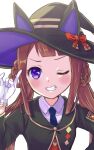  1girl \n/ animal_ears black_robe blue_necktie blush braid braided_hair_rings brown_hair cloak collared_shirt gloves grin hair_rings hand_on_own_hip hand_up hat hat_with_ears highres horse_ears horse_girl im74516829 long_hair looking_at_viewer necktie one_eye_closed open_cloak open_clothes purple_eyes red_ribbon red_sweater_vest ribbon robe shirt simple_background smile solo sweater_vest sweep_tosho_(platanus_witch)_(umamusume) sweep_tosho_(umamusume) teeth twintails umamusume white_background white_gloves white_shirt witch_hat 