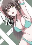 1girl absurdres arms_up bikini braid breasts brown_hair commentary crescent crescent_earrings earrings heaven_burns_red highres jewelry large_breasts ooshima_ichiko signature sitake_san swimsuit yellow_eyes 
